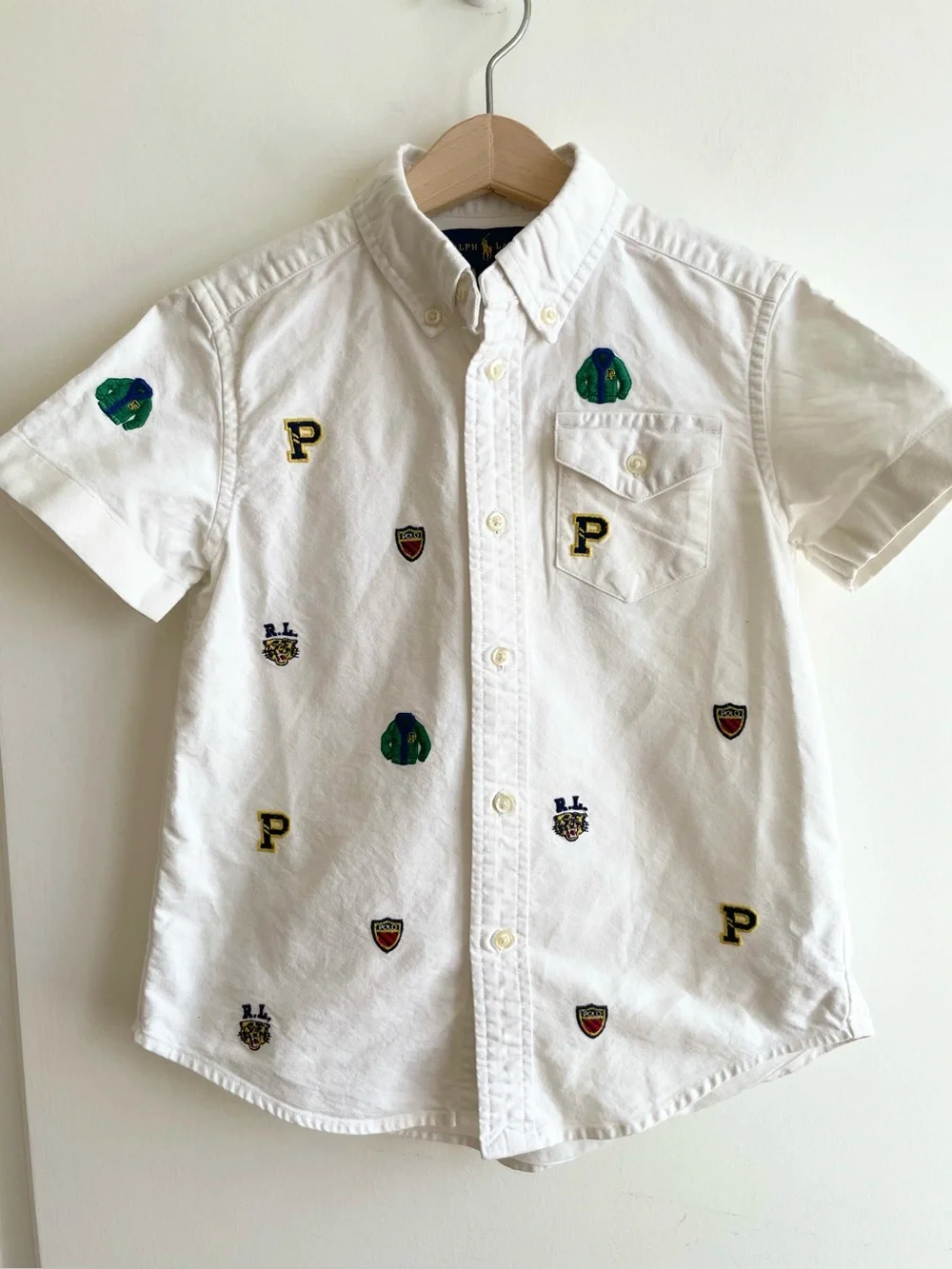Ralph Lauren Boys Cotton Short Sleeve Button Down University Patches Boys Size 5